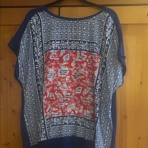 Ruby Rd. Navy and Red Printed Border Tunic Top